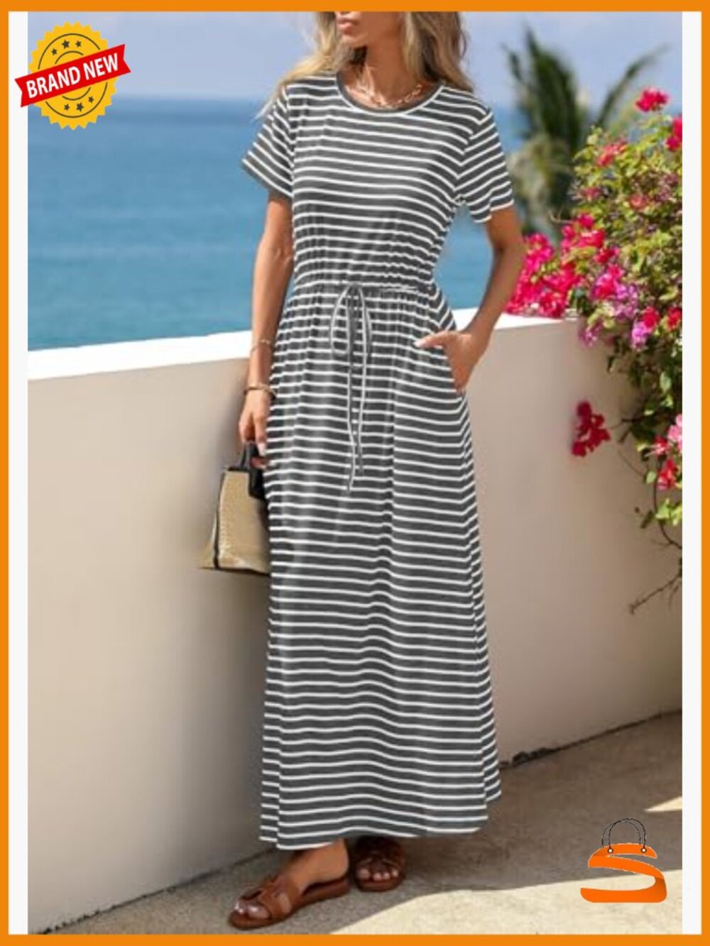 Women's Maxi Dress Short Sleeve Striped Drawstring Waist Loose Fit T-Shirt Dress - Picture 6 of 7